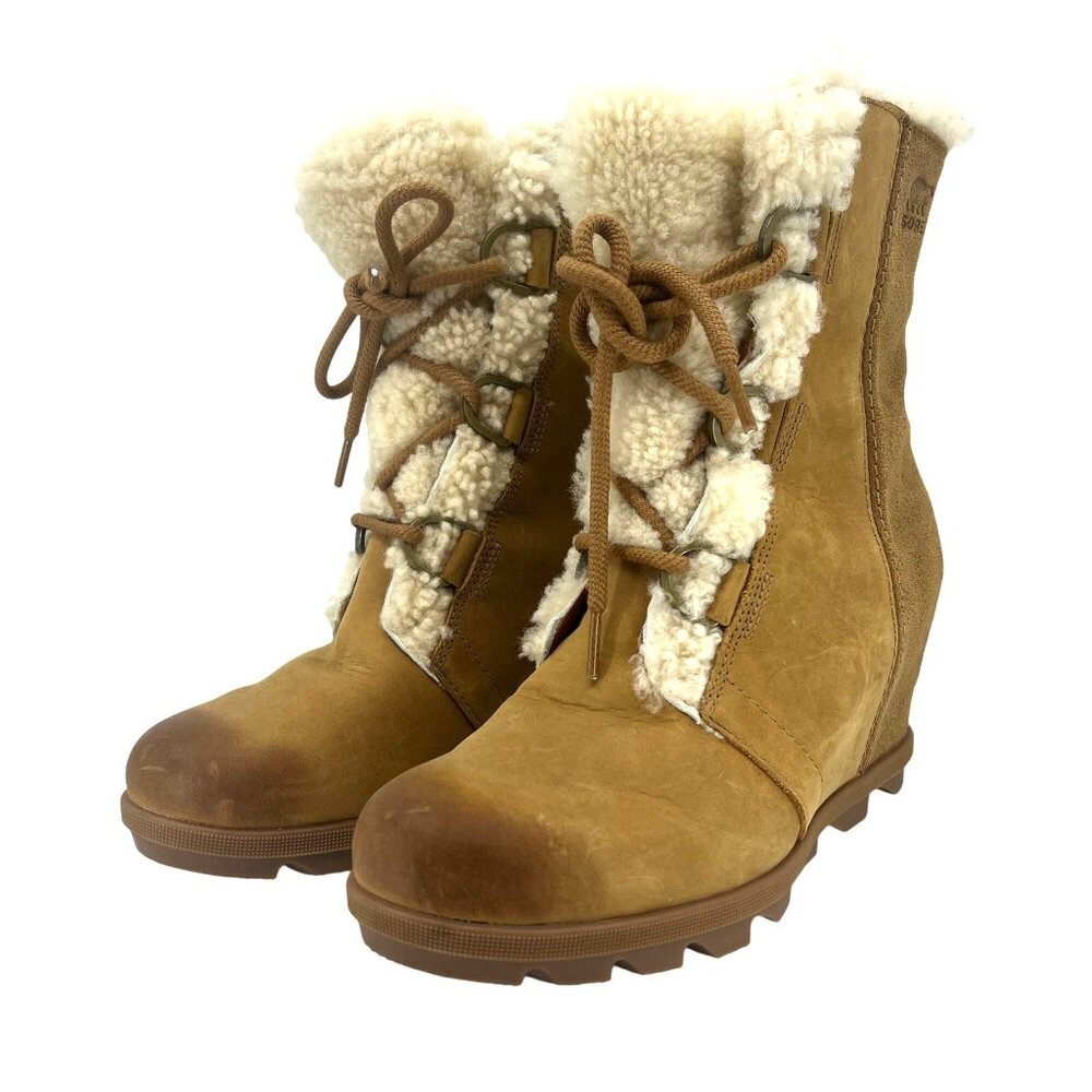 Sorel Womens Brown Suede Hidden Wedge Lace-Up Fur-Lined Boots Size 9.5